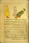 Folio 115a from Zakarīyā’ ibn Muḥammad al-Qazwīnī's Ajā’ib al-makhlūqāt wa-gharā’ib al-mawjūdāt (Marvels of Things Created and Miraculous Aspects of Things Existing) featuring a man feeling the pulse of a prone male figure while another looks on in the middle of the text. The thin, brittle, lightly glossed, fibrous, yellow-brown paper has horizontal laid lines. The text is written in a small ta‘liq script using black ink, with headings and emphasized words in red and with some red overlinings. The text is set within frames of two red and one blue lines.