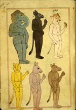 Folio 149a from Zakarīyā’ ibn Muḥammad al-Qazwīnī's Ajā’ib al-makhlūqāt wa-gharā’ib al-mawjūdāt (Marvels of Things Created and Miraculous Aspects of Things Existing) featuring six animal-headed demons or jinn, all (except the blue elephant-headed demons) snapping their fingers. The thin, brittle, lightly glossed, fibrous, yellow-brown paper has horizontal laid lines. The illustrations are set within frames of two red and one blue lines.