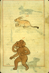 Folio 169b from Zakarīyā’ ibn Muḥammad al-Qazwīnī's Ajā’ib al-makhlūqāt wa-gharā’ib al-mawjūdāt (Marvels of Things Created and Miraculous Aspects of Things Existing) featuring a lynx or caracal (‘anaq) and an elephant-headed demon. The thin, brittle, lightly glossed, fibrous, yellow-brown paper has horizontal laid lines. The illustrations are set within frames of two red and one blue lines.