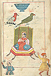 Folio 18b from Zakarīyā’ ibn Muḥammad al-Qazwīnī's Ajā’ib al-makhlūqāt wa-gharā’ib al-mawjūdāt (Marvels of Things Created and Miraculous Aspects of Things Existing) featuring six constellations of the northern skies: Corona Borealis (al-fakkah, in Arabic), Cygnus (al-dajajah) shown here as a crested bird, and Lyra depicted as a green parrot, with Cassiopeia seated on a throne in the middle, and Perseus (bottom right) and Boátes (bottom left).The thin, brittle, lightly glossed, fibrous, yellow-brown paper has horizontal laid lines. The illustrations are set within frames of two red and one blue lines.