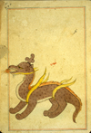 Folio 197a from Zakarīyā’ ibn Muḥammad al-Qazwīnī's Ajā’ib al-makhlūqāt wa-gharā’ib al-mawjūdāt (Marvels of Things Created and Miraculous Aspects of Things Existing) featuring a dragon (thu‘ban) . The thin, brittle, lightly glossed, fibrous, yellow-brown paper has horizontal laid lines. The illustrations are set within frames of two red and one blue lines.
