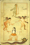 Folio 208a from Zakarīyā’ ibn Muḥammad al-Qazwīnī's Ajā’ib al-makhlūqāt wa-gharā’ib al-mawjūdāt (Marvels of Things Created and Miraculous Aspects of Things Existing) featuring five fabulous creatures: a dark-skinned female wearing only a head-scarf and pearls; two winged figure, nude except for pearls; a bare-breasted, long-haired female with six legs and wrist beads (noise-makers); and, at the bottom, a human-headed snake. The thin, brittle, lightly glossed, fibrous, yellow-brown paper has horizontal laid lines. The illustrations are set within frames of two red and one blue lines.