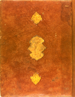 The back cover of MS P 23, an anonymous and untitled collection of recipes for compound remedies. The volume is bound in a late 19th-century Indian binding of tan leather over pasteboards. The back cover has a central panel, and two smaller decorative devices, deeply impressed over paper cut to their contours and gold painted. The inner fields of the two smaller designs are filled with a single flower surrounded by a band of dots, while the inner field of the large panel has a number of flowers on stems. 