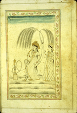 A full-page miniature drawing in black ink with gilt and tiny red accents. A woman sits on a tree while using a water-pipe and a female attendant stands behind. From an anonymous and untitled collection of Persian love poetry. The gray-brown, semi-glossy paper has horizontal, sagging laid lines.