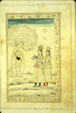 A full-page miniature drawing in black ink with gilt and blue and red accents. A sage sits under a tree while a woman and her attendant approach bearing a dish of good. From an anonymous and untitled collection of Persian love poetry. The gray-brown, semi-glossy paper has horizontal, sagging laid lines.