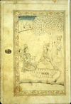 A full-page miniature drawing in black ink with gilt and tiny blue and red accents. A turbaned figure sits crosslegged on a tiger skin under a tree, with an attendant behind and two courtiers kneeling in front. The silhouette of a city can be seen on the horizon. From an anonymous and untitled collection of Persian love poetry. The gray-brown, semi-glossy paper has horizontal, sagging laid lines.