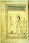 A full-page miniature drawing in black ink with gilt and blue and red accents. A woman, with female attendant standing behind, accepts a gift or message from a male courier.  From an anonymous and untitled collection of Persian love poetry. The gray-brown, semi-glossy paper has horizontal, sagging laid lines.