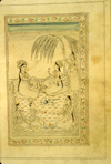 A full-page miniature drawing in black ink with gilt and blue and red accents. Two women are sitting in front of bolster pillows, talking and drinking and attended by four attendants.  From an anonymous and untitled collection of Persian love poetry. The gray-brown, semi-glossy paper has horizontal, sagging laid lines.