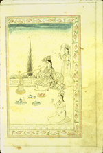 A full-page miniature drawing in black ink with gilt and blue and red accents. A woman reclines on pillows and smokes a water-pipe, with an attendant standing behind with a fan, while she receives another woman in the foreground. From an anonymous and untitled collection of Persian love poetry. The gray-brown, semi-glossy paper has horizontal, sagging laid lines.