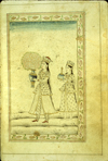 A full-page miniature drawing in black ink with gilt and blue and red accents. One woman carries a large vase of flowers while another carries a glass container.  From an anonymous and untitled collection of Persian love poetry. The gray-brown, semi-glossy paper has horizontal, sagging laid lines.