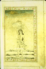 A full-page miniature drawing in black ink with gilt and blue and red accents.  An ascetic stands holding a fish overhead and a second fish in his other hand, with the radiant sun prominent in the upper left corner. This drawing has been partially defaced. From an anonymous and untitled collection of Persian love poetry. The gray-brown, semi-glossy paper has horizontal, sagging laid lines.