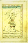 A full-page miniature drawing in black ink with gilt and blue and red accents. A warrior figure bearing arms, a shield, and a leopard-skin turban, holds overhead with one arm a large devil.  From an anonymous and untitled collection of Persian love poetry. The gray-brown, semi-glossy paper has horizontal, sagging laid lines.