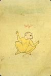 A section of folio 63a from Zakarīyā’ ibn Muḥammad al-Qazwīnī's Ajā’ib al-makhlūqāt wa-gharā’ib al-mawjūdāt (Marvels of Things Created and Miraculous Aspects of Things Existing) featuring a yellow monkey. The thin, brittle, lightly glossed, fibrous, yellow-brown paper has horizontal laid lines.