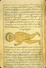 Folio 80a from Zakarīyā’ ibn Muḥammad al-Qazwīnī's Ajā’ib al-makhlūqāt wa-gharā’ib al-mawjūdāt (Marvels of Things Created and Miraculous Aspects of Things Existing) featuring a humanoid with hair standing on end lying in the middle of the text. The thin, brittle, lightly glossed, fibrous, yellow-brown paper has horizontal laid lines. The text is written in a small ta‘liq script using black ink, with headings and emphasized words in red and with some red overlinings. The text is set within frames of two red and one blue lines.