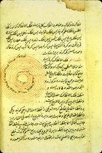 Folio 2b from an anonymous and untitled Persian treatise on astronomy featuring a diagram of the heavenly spheres in red ink on the left center of the folio. The text is written in a small naskh tending toward ta‘liq script in black ink with headings in red and with red overlinings. The glossy brown paper has only laid lines visible.