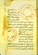 Folio 4a from an anonymous and untitled Persian treatise on astronomy featuring two planetary diagrams in red and black ink in the top right and bottom left corner of the folio. The text surrounding the diagrams is written in a small naskh tending toward ta‘liq script in black ink with headings in red and with red overlinings. The glossy brown paper has only laid lines visible.