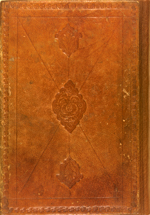 The front cover binding of MS P 28 which incorporated the covers from an 18th-century Persian/Turkish binding of light-brown leather over pasteboards. On each cover there is a blind-stamped mandorla panel stamp with two large pendants. The pattern of the central panel stamp is a concentric design of vines with two flower buds and two small flower heads around a central flower in full bloom. The two pendants have a single stemmed flower outlined by a row of dots. Blind-tooled vertical and diagonal lines connect the central panel stamp to the frame. The latter is formed of a single blind-tooled line and a row of S-stamps.