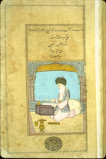 Folio 173a featuring the colophon and a portrait of a scribe immediately below the copyist's name from ‘Ajā’ib al-makhlūqāt wa-gharā’ib al-mawjūdāt (Marvels of Things Created and Miraculous Aspects of Things Existing) by al-Qazwīnī. The glossy yellow-brown paper is moderately thin with only laid lines visible. The text is written in a medium-small, widely-spaced, professional, and elegant ta‘liq tending toward naskh script in black ink with headings in red and red overlinings. The text area is frame-ruled.The text throughout the volume is inscribed within frames of blue, red, gilt, and black lines.