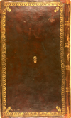 The back cover of MS P 29 is made of dark-brown leather over pasteboards. In the center and the four corners there are gold-stamped flowers on stems, while the frame is formed of gold-tooled acanthus leaves alternating with flowerheads.