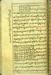 Folio 310a from Zakarīyā’ ibn Muḥammad al-Qazwīnī's ‘Ajā’ib al-makhlūqāt wa-gharā’ib al-mawjūdāt (Marvels of Things Created and Miraculous Aspects of Things Existing), featuring two magic squares, the top one a 3x3 square buduh square and the lower one 5x5 in the middle of the text. The thin, light-brown, lightly glossed paper has vertical laid lines. The text is written in a careful medium-small nasta‘liq script, in black ink with headings in red. The text is enclosed in frames formed of one blue and two red thin lines. There is a note in the left margin.