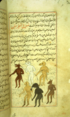 Folio 324b from Zakarīyā’ ibn Muḥammad al-Qazwīnī's ‘Ajā’ib al-makhlūqāt wa-gharā’ib al-mawjūdāt (Marvels of Things Created and Miraculous Aspects of Things Existing), featuring a group of six animal-headed demons or jinns drawn using opaque watercolors and ink in the bottom of the text. The thin, light-brown, lightly glossed paper has vertical laid lines. The text is written in a careful medium-small nasta‘liq script, in black ink with headings in red. The text is enclosed in frames formed of one blue and two red thin lines.
