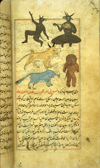 Folio 326b from Zakarīyā’ ibn Muḥammad al-Qazwīnī's ‘Ajā’ib al-makhlūqāt wa-gharā’ib al-mawjūdāt (Marvels of Things Created and Miraculous Aspects of Things Existing), featuring assorted demons (jinns) and strange creatures, one playing a musical stringed instrument drawn using opaque watercolors and ink at the top of the text. The thin, light-brown, lightly glossed paper has vertical laid lines. The text is written in a careful medium-small nasta‘liq script, in black ink with headings in red. The text is enclosed in frames formed of one blue and two red thin lines.