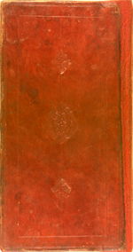 The cover of MS P 4 a copy of Nūr al-Dīn Muḥammad ‘Abd Allāh Shīrāzī's Alfaz al-adwiyah (Pharmacological Dictionary). The binding has covers made of red leather over pasteboards, decorated with a central ovate blind-stamped medallion and two pendants. There is a vertical central line and a thin frame of a single fillet. This design is then enclosed by another frame formed of two fillets.