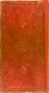 The cover of MS P 4 a copy of Nūr al-Dīn Muḥammad ‘Abd Allāh Shīrāzī's Alfaz al-adwiyah (Pharmacological Dictionary). The binding has covers made of red leather over pasteboards, decorated with a central ovate blind-stamped medallion and two pendants. There is a vertical central line and a thin frame of a single fillet. This design is then enclosed by another frame formed of two fillets.