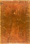 The cover of MS P 8 is bound in a dark-brown leather binding over pasteboards. Both covers have a blind-tooled central rectilinear design having large four-petaled flowers on stems with leaves stamped at the corners, both inside and outside the rectangle. This design is then enclosed in a broad frame filled with blind-tooled large poppies on leafy stems.