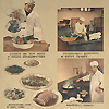 There are pictures of a chef cleaning vegetables and cooking very appetizing dishes