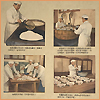 There are pictures of cooks making dough and cooking it into many bowls of noodles