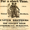 Nineteenth century advertisement for Chang-Eng Bunker’s exhibition tour of England, circa 1832.  It features an illustration of the twins dressed in a specially made Chinese-style suit that reveals their connecting band.  They are pictured standing outdoors in front of a palm tree and tent.  In addition to the details of when and where they will be on exhibit, the text gives a brief biography of the twins, explaining that they have passed their nineteenth year and are in full health.  Moreover, they have been visited by the Royal family and ladies and gentlemen of distinction who have expressed their satisfaction with the exhibition.
