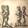 Seventeenth century engraved illustration of two sets of conjoined twins.  Thoracopagus twins (joined at the chest) are at left;  pygopagus twins (joined in the lower back) are at right.