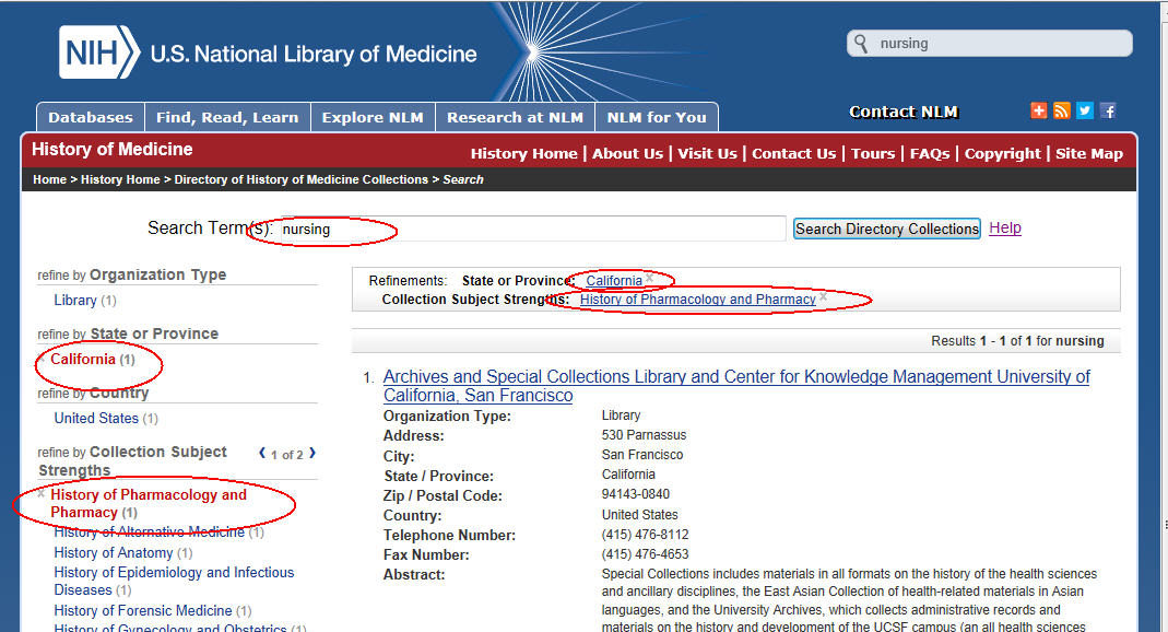 Results list for search on keyword nursing, refined to results located in the State of CA with a collection strength in History of Pharmacology and Pharmacy. There are red circles on the search parameters:  search term box and refinement CA, (listed at the top of results list and on the left of the screen under the category State/Province), and refinement History of Pharmacology and Pharmacy (listed at the top of results list and on the left of the screen under the category Collection Subject Strengths).