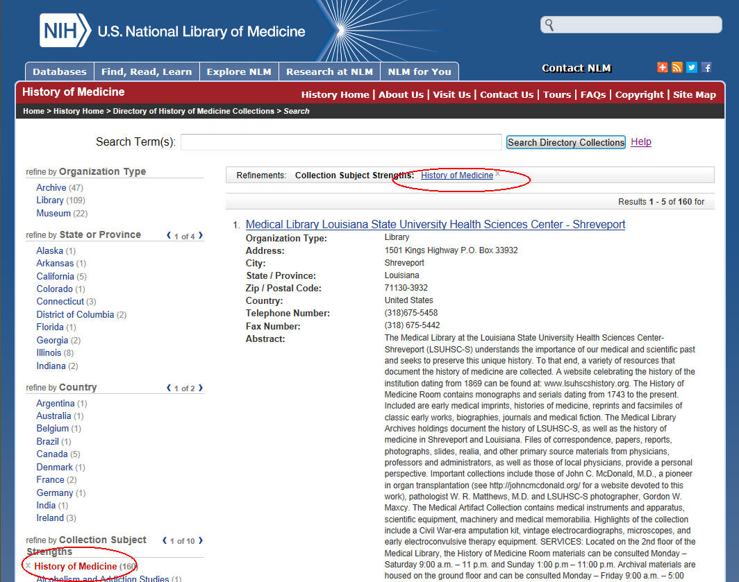 Image of the results page with red circles around the search parameter, History of Medicine, listed at the top of the results list and to the left of the screen under category Collection Subject Strengths.