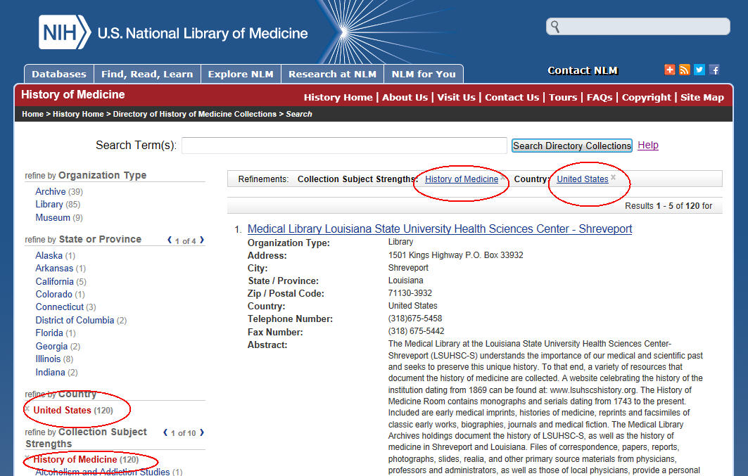 Image of results page with red circles around the search parameters:  History of Medicine (listed at the top of results list and to the left of the screen under category Collection Subject Strengths), and United States (listed at the top of results list and to the left of the screen under category Country).
