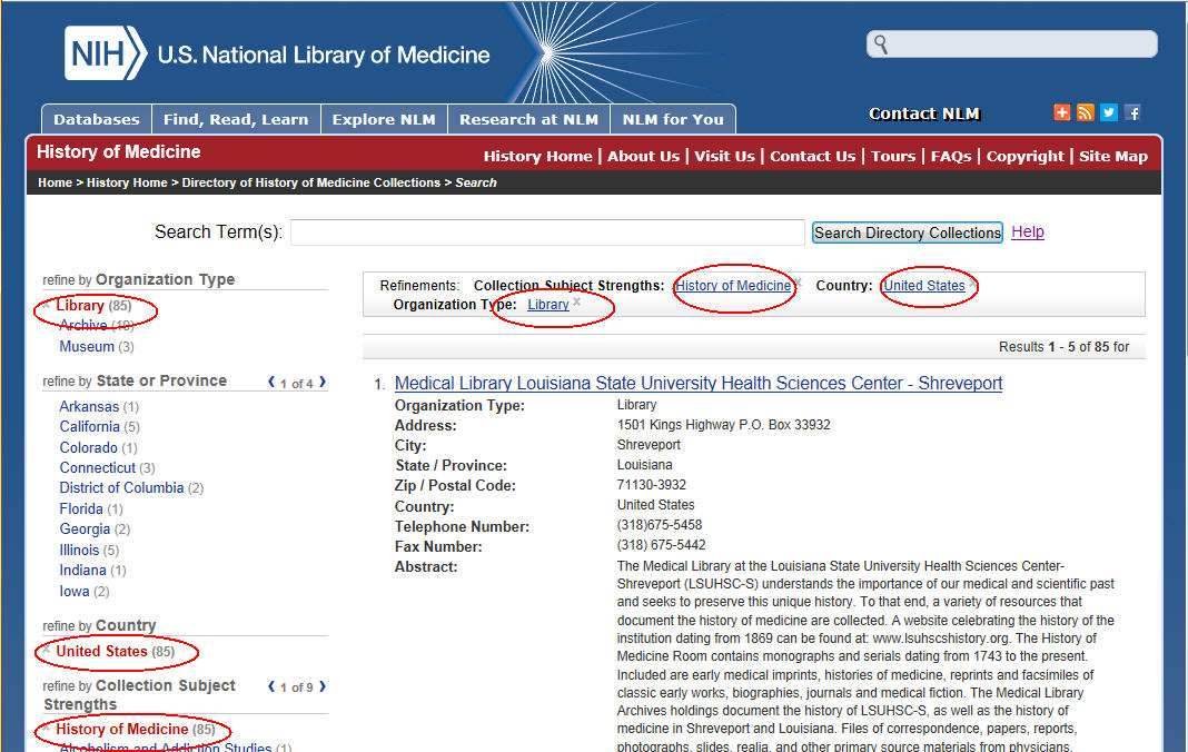 Image of results page with red circles around the search parameters:  History of Medicine (listed at the top of the results list and to the left of the screen under category Collection Subject Strengths), United States (listed at the top of results list and to the left of the screen under category Country), and Library (listed at the top of results list and to the left of the screen under category Organization Type).