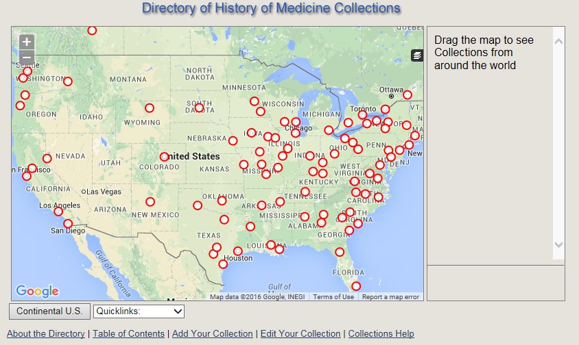 Directory of History of Medicine Collections homepage with arrow pointing to the link on the page that states: Add Your Collection.