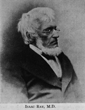 Photographic portrait of Isaac Ray, bearded, seated, half length, right pose, wearing glasses.  NLM/IHM Image B021691.