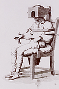 The tranquilizing chair of Dr. Benjamin Rush.  A patient is sitting in a chair; his body is immobilized by straps at the shoulders, arms, waist, and feet; a box-like apparatus is used to confine the head. There is a bucket attached beneath the seat. NLM/IHM Image A013394.