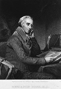 Portrait of Benjamin Rush seated; hand to head; glasses on forehead; right pose. by Thomas Sully.  NLM/IHM Image: B022637.
