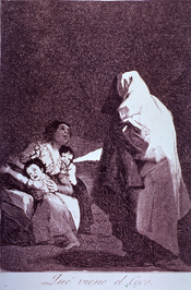 Two children huddle close to their mother as a shrouded figure approaches. 