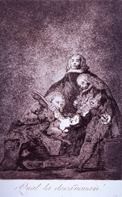 Two men are plucking a small winged creature with a human upper torso; a third man sits stoically in the background.