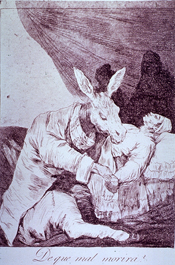 A donkey is taking the pulse of a man lying on a bed; the man appears to be dead.