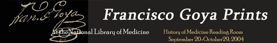 Black and grey banner for the Francisco Goya Prints website featuring Francisco Goya's signature on the left side and the words Francisco Goya Prints at the National Library of Medicine History of Medicine Reading Room September 20-October 29, 2004.