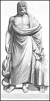 Engraving of statue of a bearded Asclepius standing in a toga with his staff to his right with a single snake wrapped around it, to his left is his attendant Telesphorus.  Engraving by Jenkins (London?, circa 1860). NLM/IHM Image B01092.