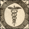 Detail of caduceus, or two snakes entwined around a winged staff, from the title page of: Marco Amelio Severino. Vipera Pythia. (Patavii: Typis Pauli Frambotti, 1651). NLM Call number: WZ 250 S498v 1651.