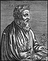 Woodcut portrait of Dioscorides, seated, facing to the right holding plants, by an unknown artist, circa 1550.  NLM/IHM image B07205.