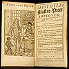 Title page and frontispiece of Aristotle’s Master-piece improved. (London: Printed, and sold by the book sellers, [1766]).  The frontispiece is a woodcut image showing a scholar in a library at a desk writing with a quill pen with a hirsute nude woman standing to his left and a black child standing to her left with a window behind them showing the sun shining in.  NLM Call number: WZ 260 A718m 1766.