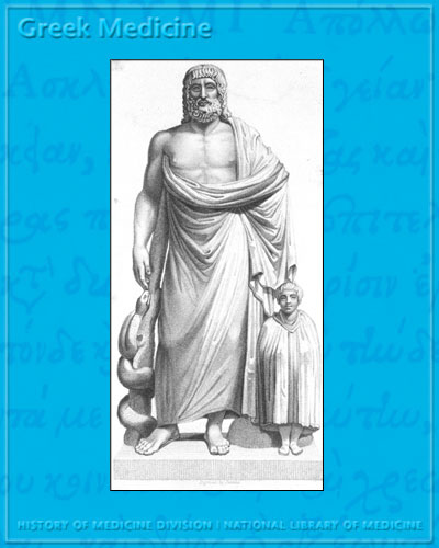 Engraving of statue of a bearded Asclepius standing in a toga with his staff to his right with a single snake wrapped around it, to his left is his attendant Telesphorus.  Engraving by Jenkins (London?, circa 1860). NLM/IHM Image B01092.